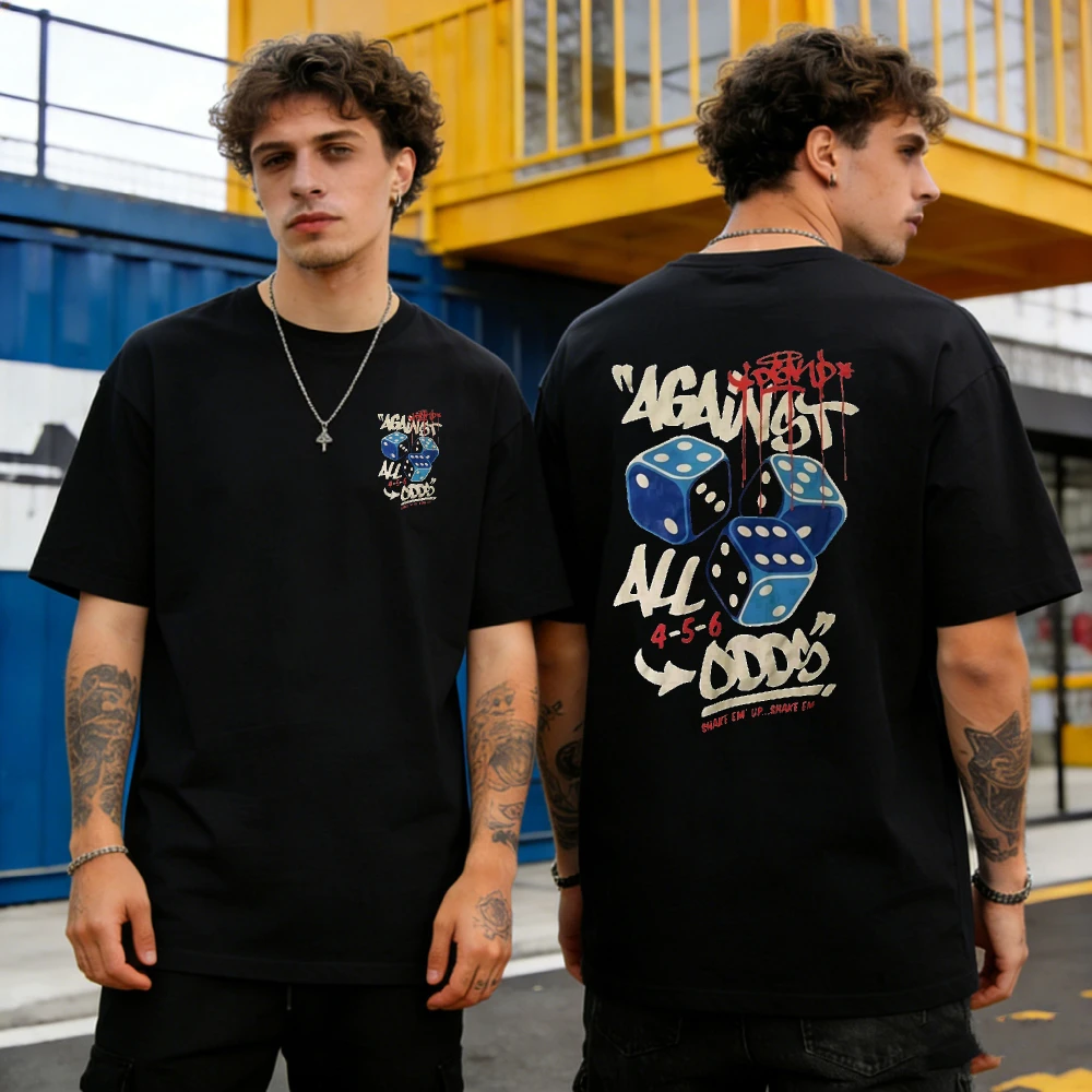 Men Against All Odds Blue Dice Graffiti Back Print T-Shirt Streetwear Hip Hop Vintage Drip Graphic Tee Oversized Short Sleeve
