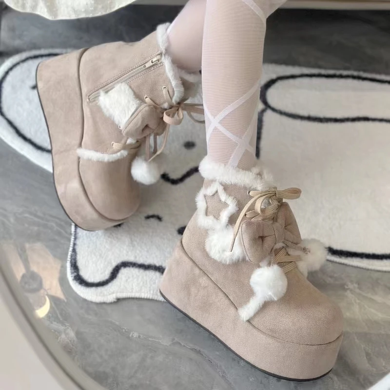 Cute Round Head Bow Platform Snow Boots Winter Round Head Kawaii Black High-heeled Women's Shoes Boots