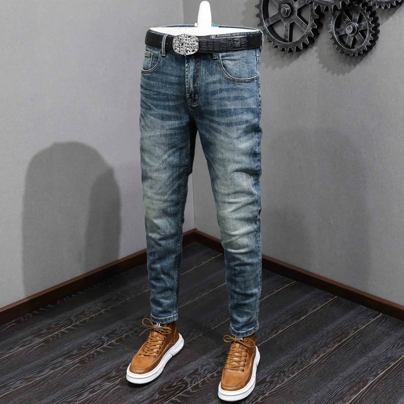 

Newly Designer Fashion Men Jeans High Quality Retro Blue Stretch Slim Ripped Jeans Men Vintage Trousers Casual Denim Pants Homme