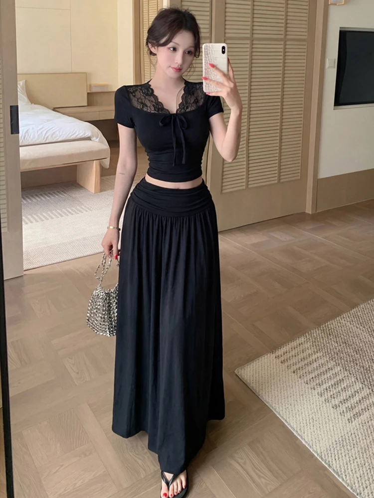 

New Summer Women 2 Pieces Outfit Sweet Lace V Neck Short Crop Tops T-Shirt And A Line Maxi Skirt Vacation Daily Casual Slim Set