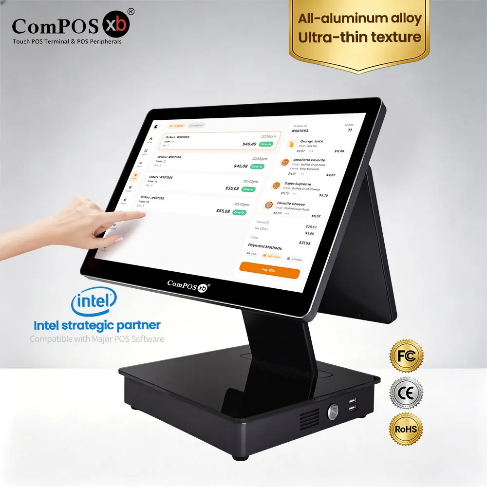 15.6-inch Dual-screen Aluminum Alloy Window POS System Intel I5 Windows Payment Terminal Restaurant Hotel Cash Register