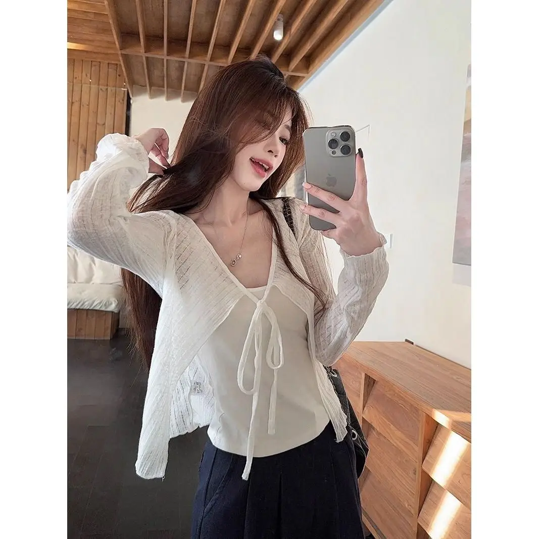 

Женская вязаная футболка с длинным рукавом, тонкий кардиган с поясом, летний новый дышащий топ свободного кроя с круглым вырезом, защита от солнца