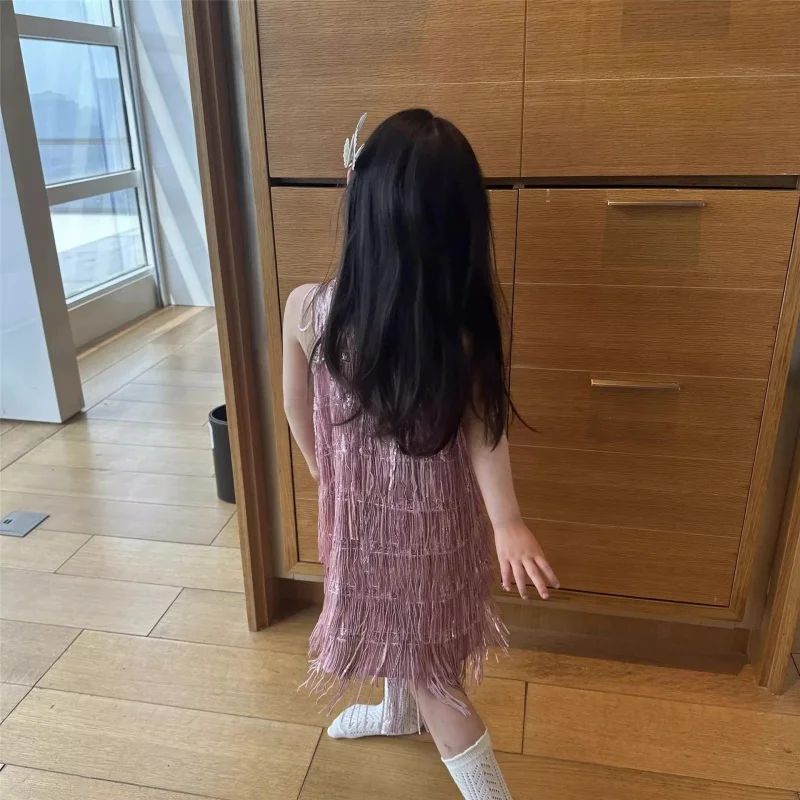 Girls Dress 2026 Summer New Children Fashionable High End Tassel Glitter Vest Dress Girls Birthday Dress