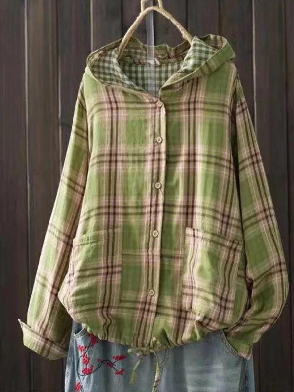 Casual Plaid Hooded Double Layered Women's Shirt Jacket Large Size Retro Artistic Open Cardigan Top for Autumn Season