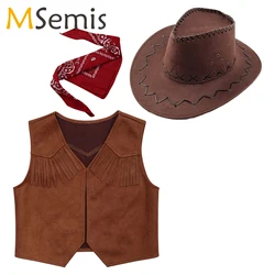 Boys Western Cowboy Vest Bandanna Hat Costume Set Halloween Dress Up Kids Fringed Jacket for Cosplay Party Carnival Theme Party