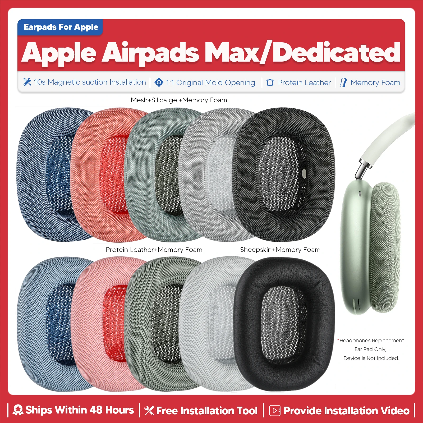 Replacement Ear Pads For Apple Airpods Max Wireless Headphone Accessories Ear Cushion Memory Foam Ear Cups Repair Parts Memory