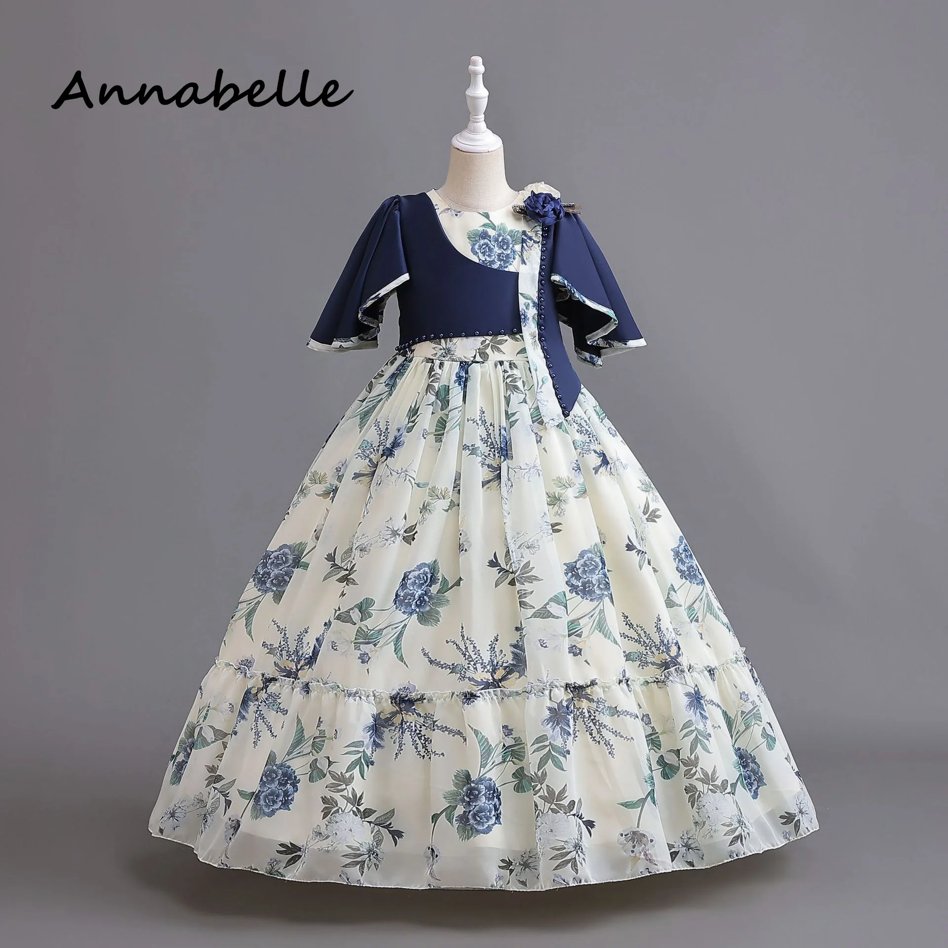 Annabelle-Robe fleurie à nœud pour bébé fille, tenue élégante pour fête de mariage, vêtements gonflés à manches courtes pour enfants