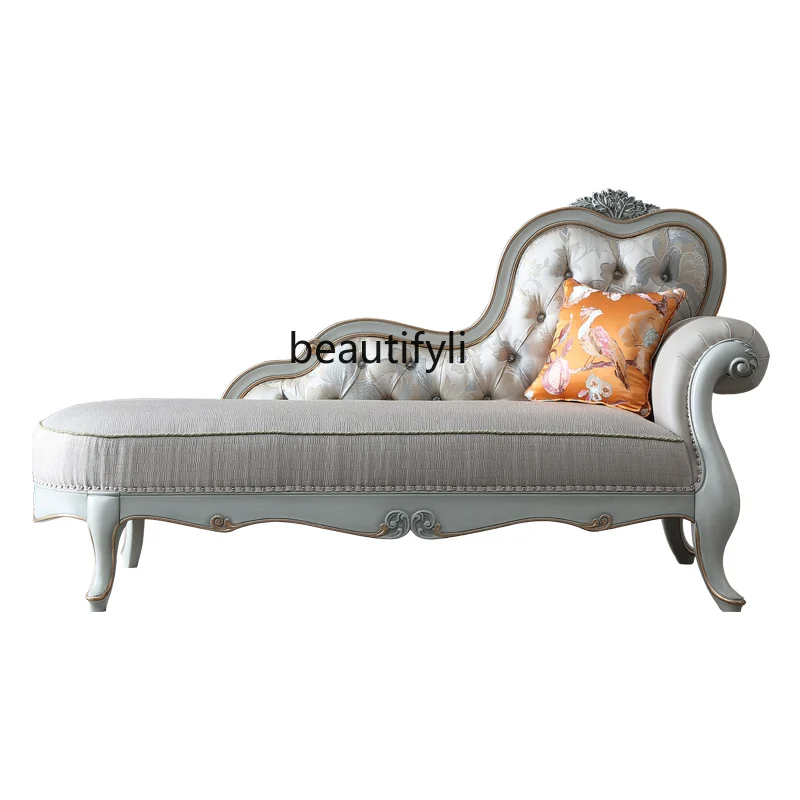 

French European Jacquard Chaise Longue Solid Wood Beauty Bedroom Recliner Sofa Villa High-End Furniture