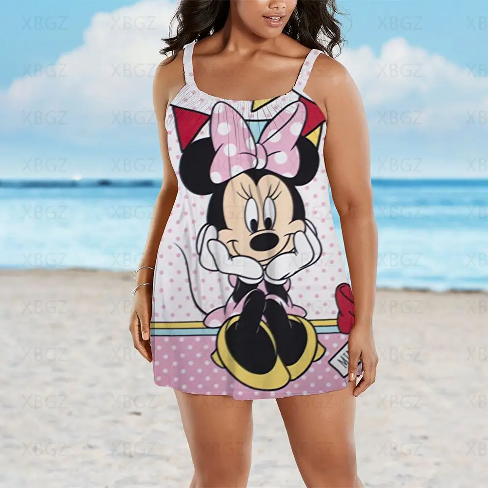 Impressão vestidos de verão mulher 2022 plus size roupas estilingue elegante boho chique vestido disney dos desenhos animados minnie mouse mickey sexy