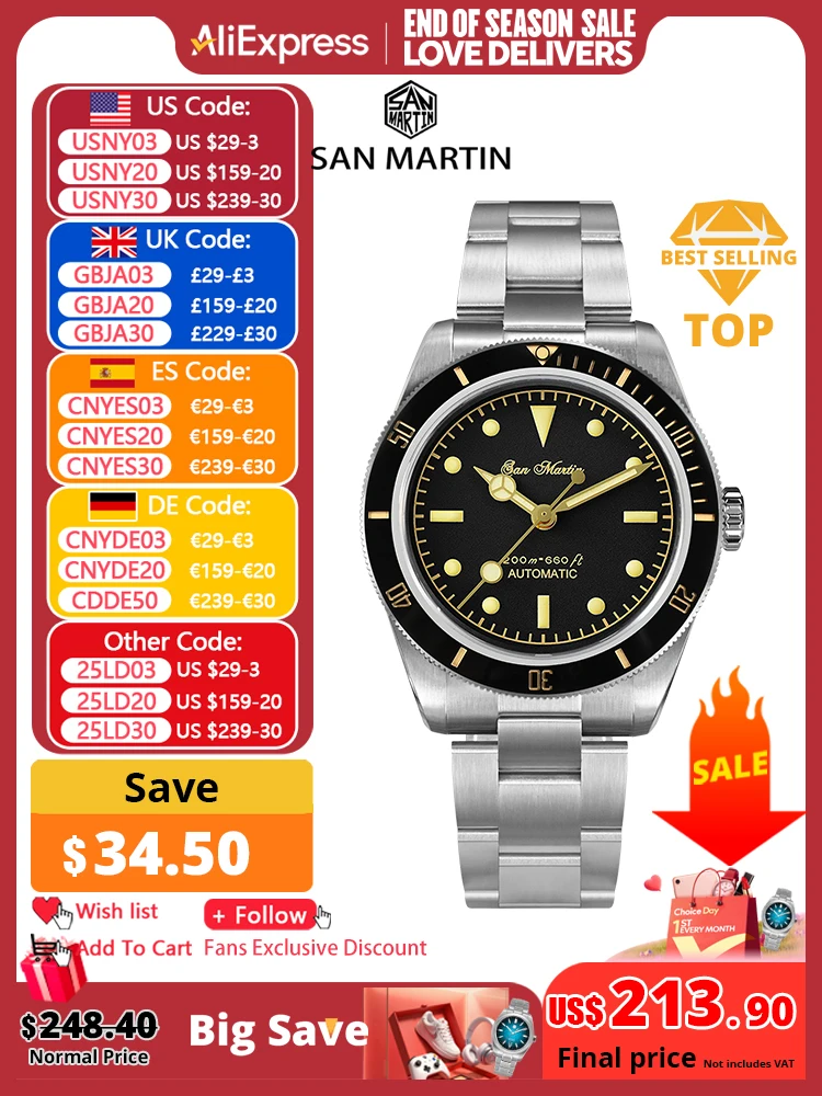 San Martin Vintage 38mm 6200 Diver Watch New Upgraded for Men Luxury NH35 Automatic Mechanical Sapphire Waterproof 200m Relojes