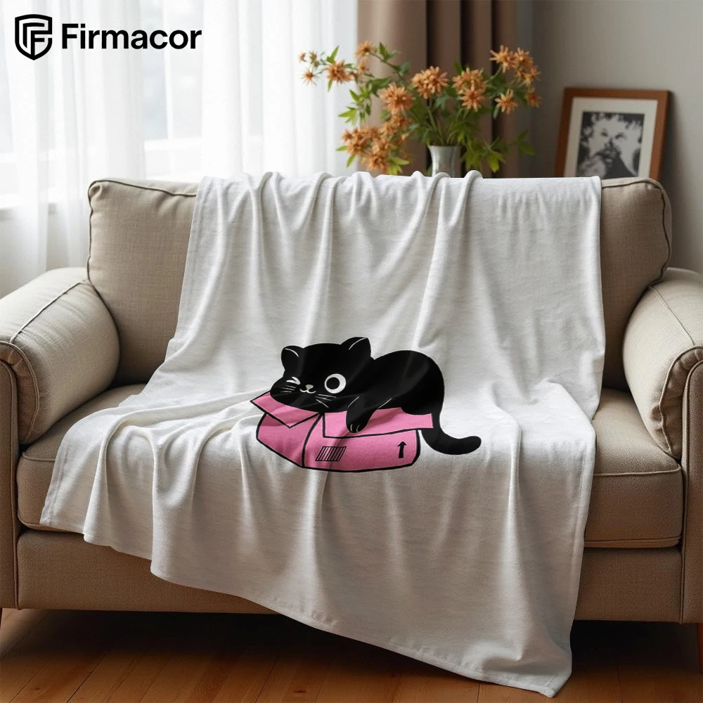 Box Black Cat Cartoon Anime Print Flannel Blanket Soft Warm Throw for Kids Bedroom Sofa Bed Christmas Office Car