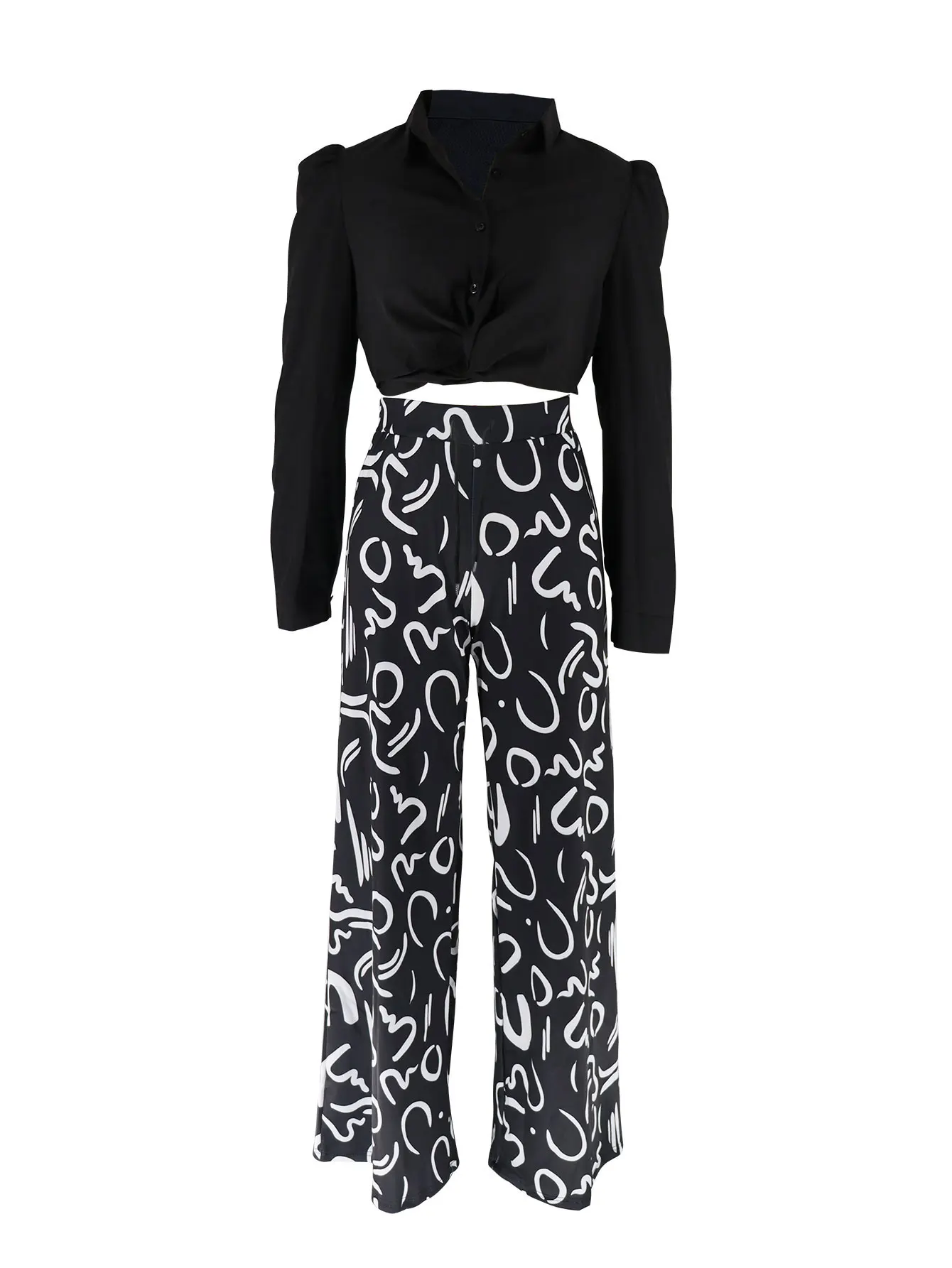 Fashionable Black and White Abstract Pattern Wide-Leg Pants Set - Casual Comfortable Trendy Outfit