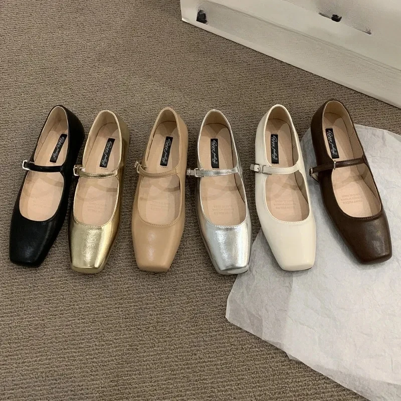 2024 Summer New Brand Women Flats Fashion Square Toe Shallow Mary Jane Shoes Soft Casual Ballet Shoes Slingback Shoes Black