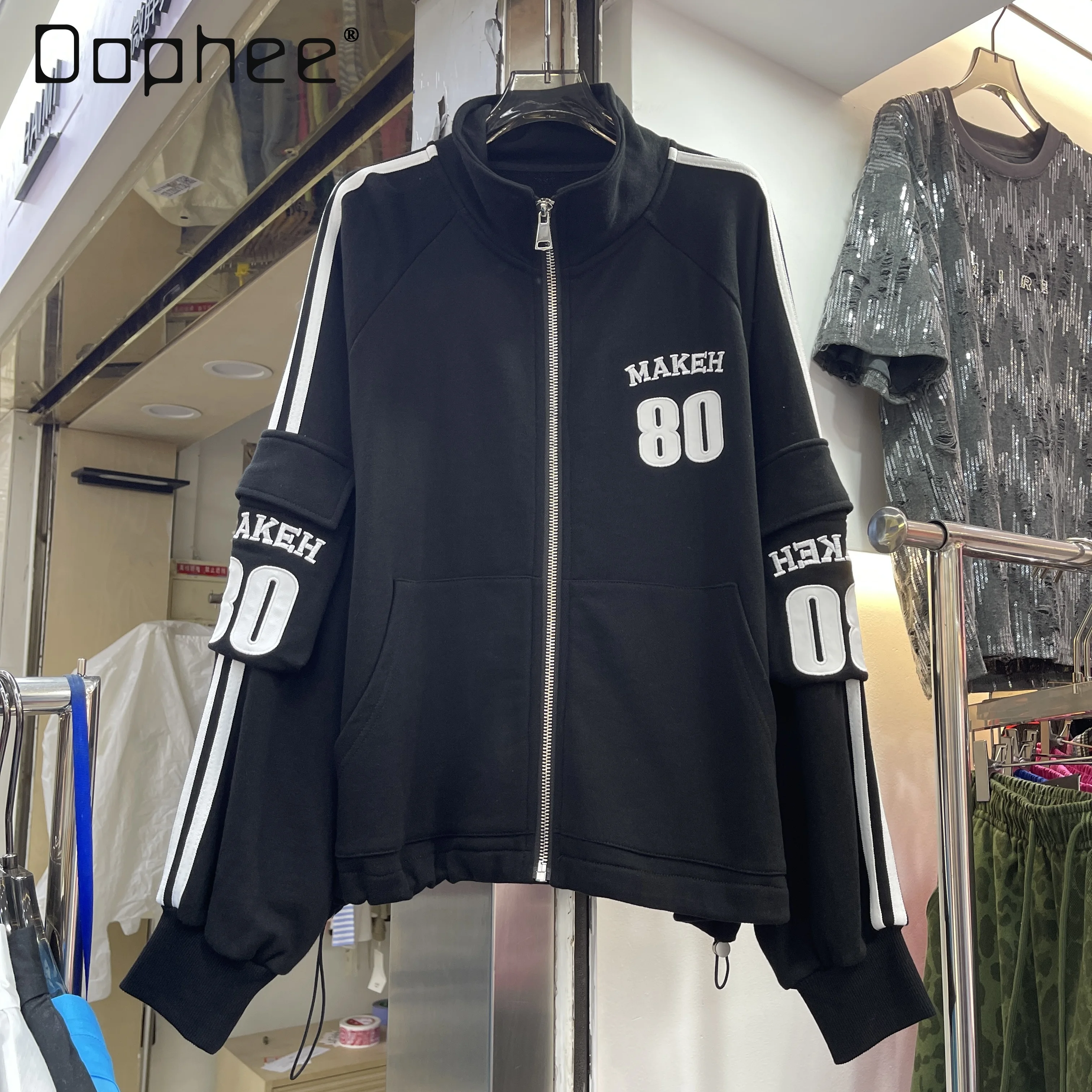 

Korean Style Fashion Casual Retro Letter Embroidered Sweatshirt Long Sleeve Loose Versatile Zipper Jacket for Women Black Coat