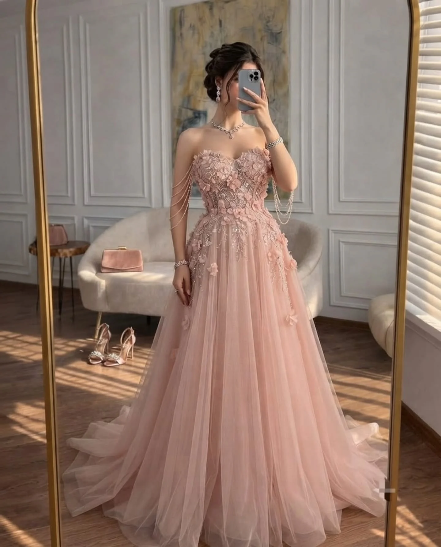 Customized Elegant Pink Prom Dresses Tassel Off Shoulder Applique Tulle Women's Formal Evening Gowns Crystal Evening Dresses