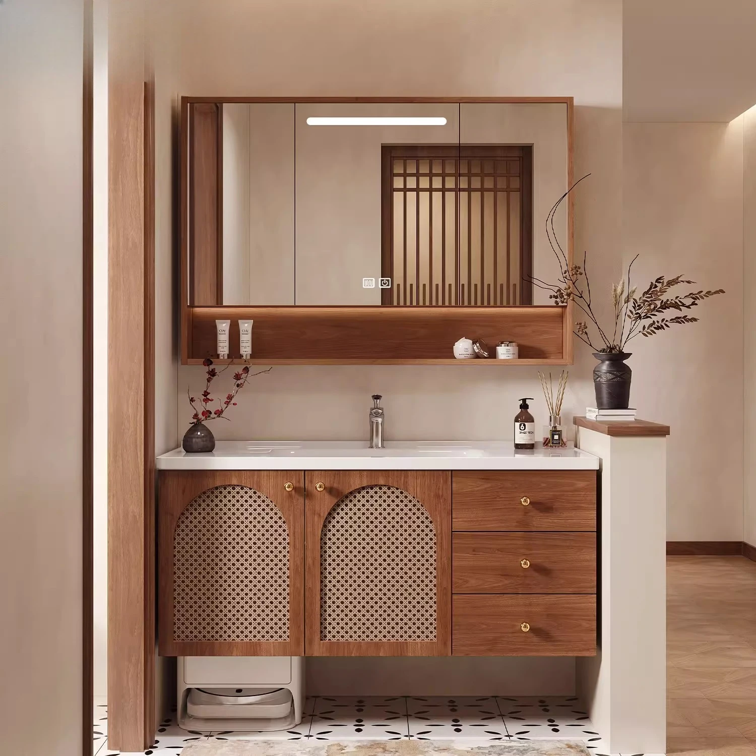 

Medieval style sweeping robot bathroom cabinet ceramic integrated basin combination cabinet solid wood washing table