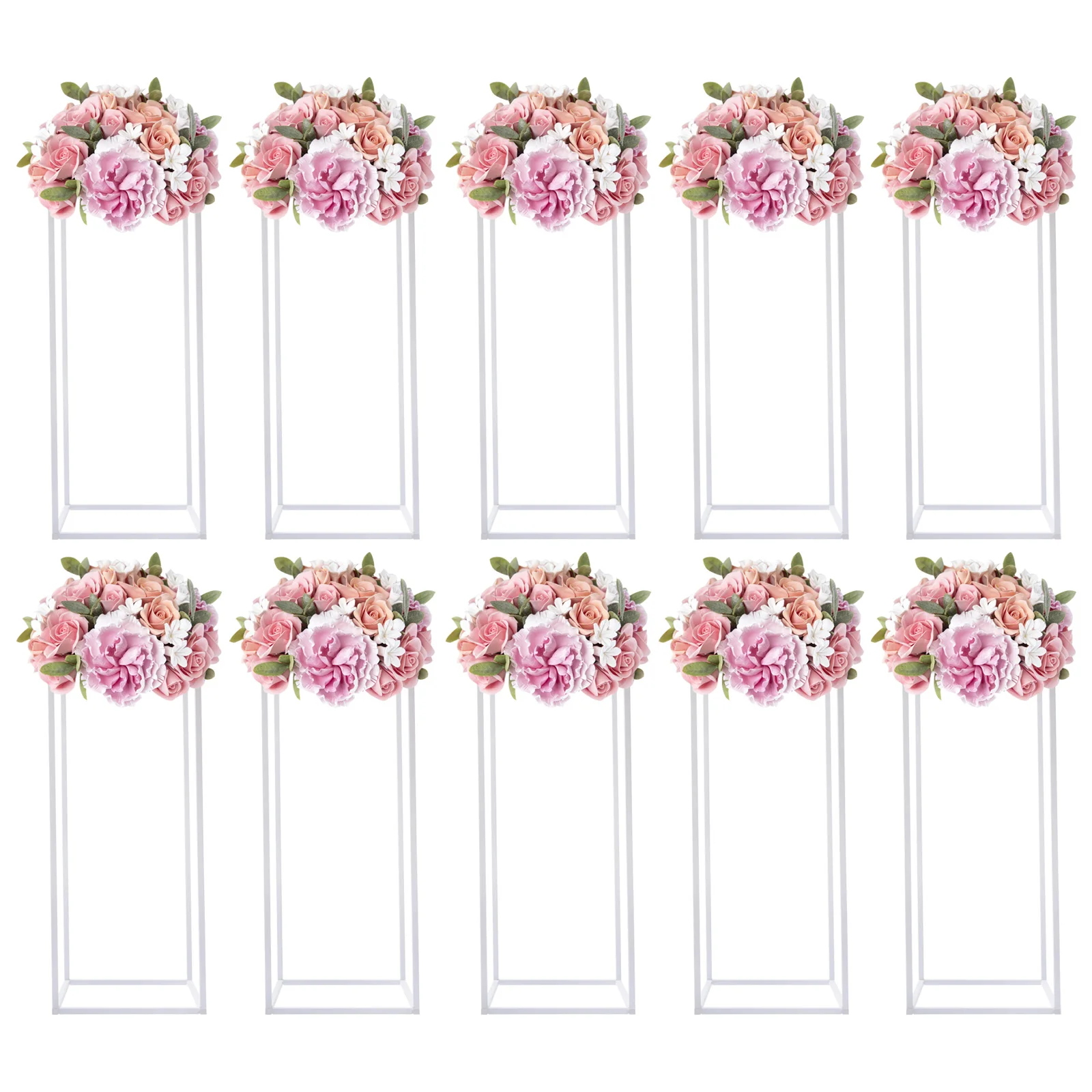 10Pcs Wedding Flower Stand 23.6inch White Table Centerpieces Wedding Flower Rack Vase Metal Column Stand Rectangular Geometric