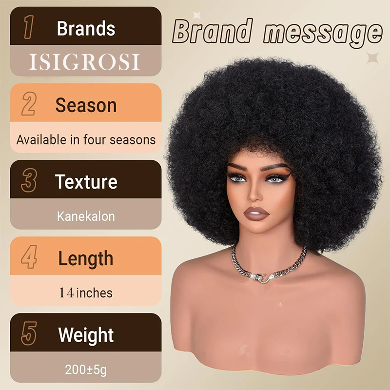 70s Afro Kinky Curly Wig Fluffy Puff Wigs Short Afro Wig for Black Women Synthetic Hair with Bangs Bouncy Huge for Cosplay Daily