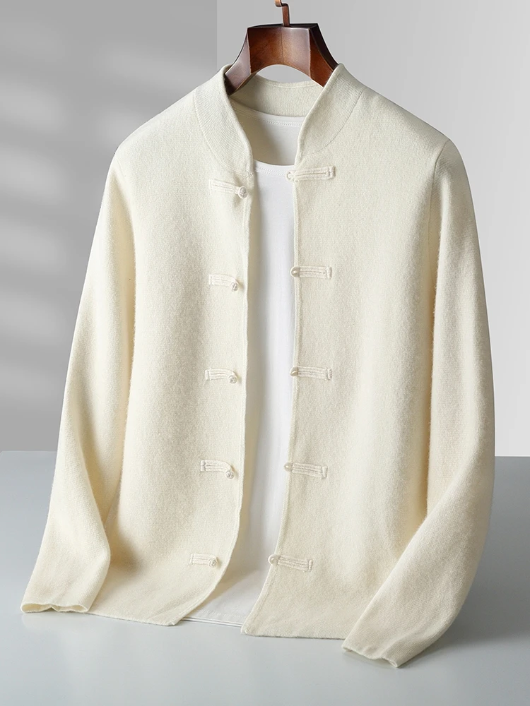 

MEETCC 100% Merino Wool Cardigan Sweater Men Chinese-Style Buttons Coat Autumn Winter Soft Warm Thick Cashmere Knitwear