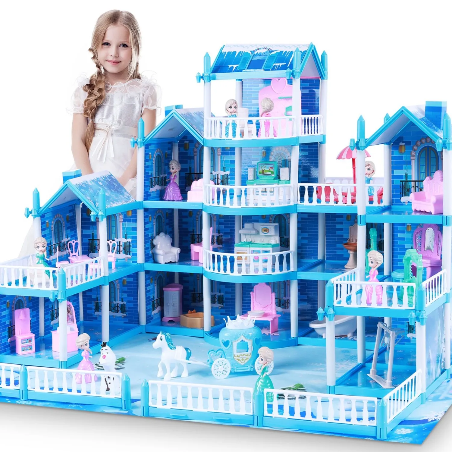 

16-Room Blue Princess Dollhouse with Lights & Accessories | Portable Construction Playset for Kids | Christmas Thanksgiving Gift