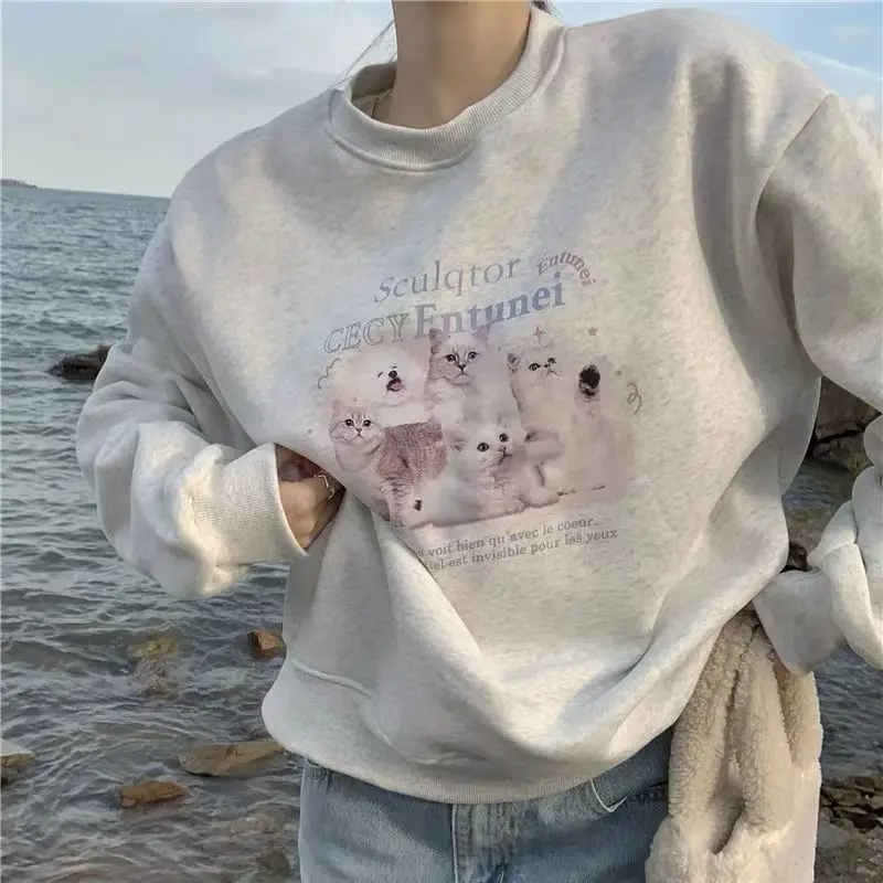 

American Fun Cute Cat Print Sweet Cool Wind Crewneck Sweatshirt Women Long Sleeve Casual Couple Coat Korean Fashion Autumn 2022