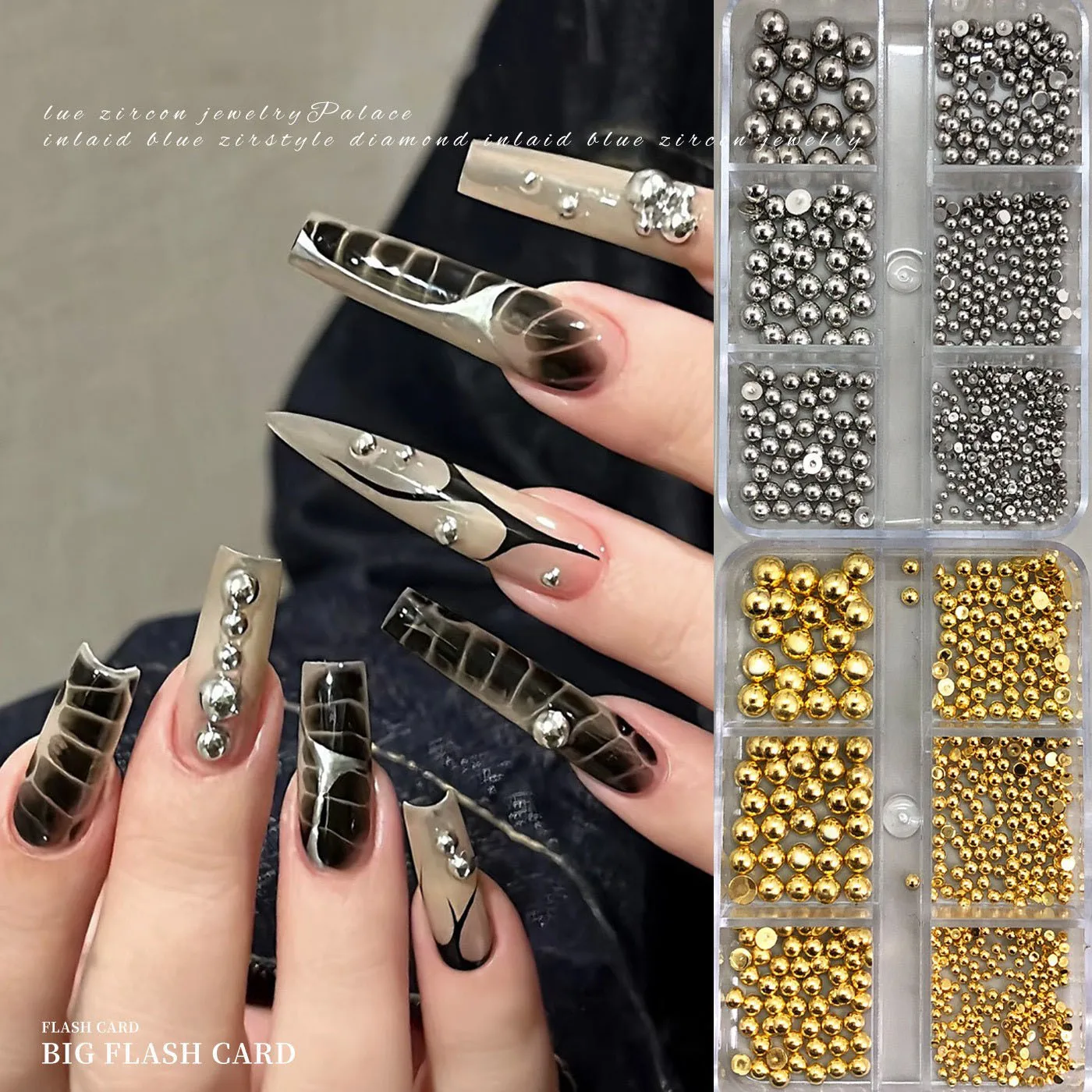 6Grids Half Round Flatback Nail Rhinestones Multi Size 1.5/2/2.5/3/4/5mm Gold& Silver Metal Pearls Caviar Nail Art Decorations