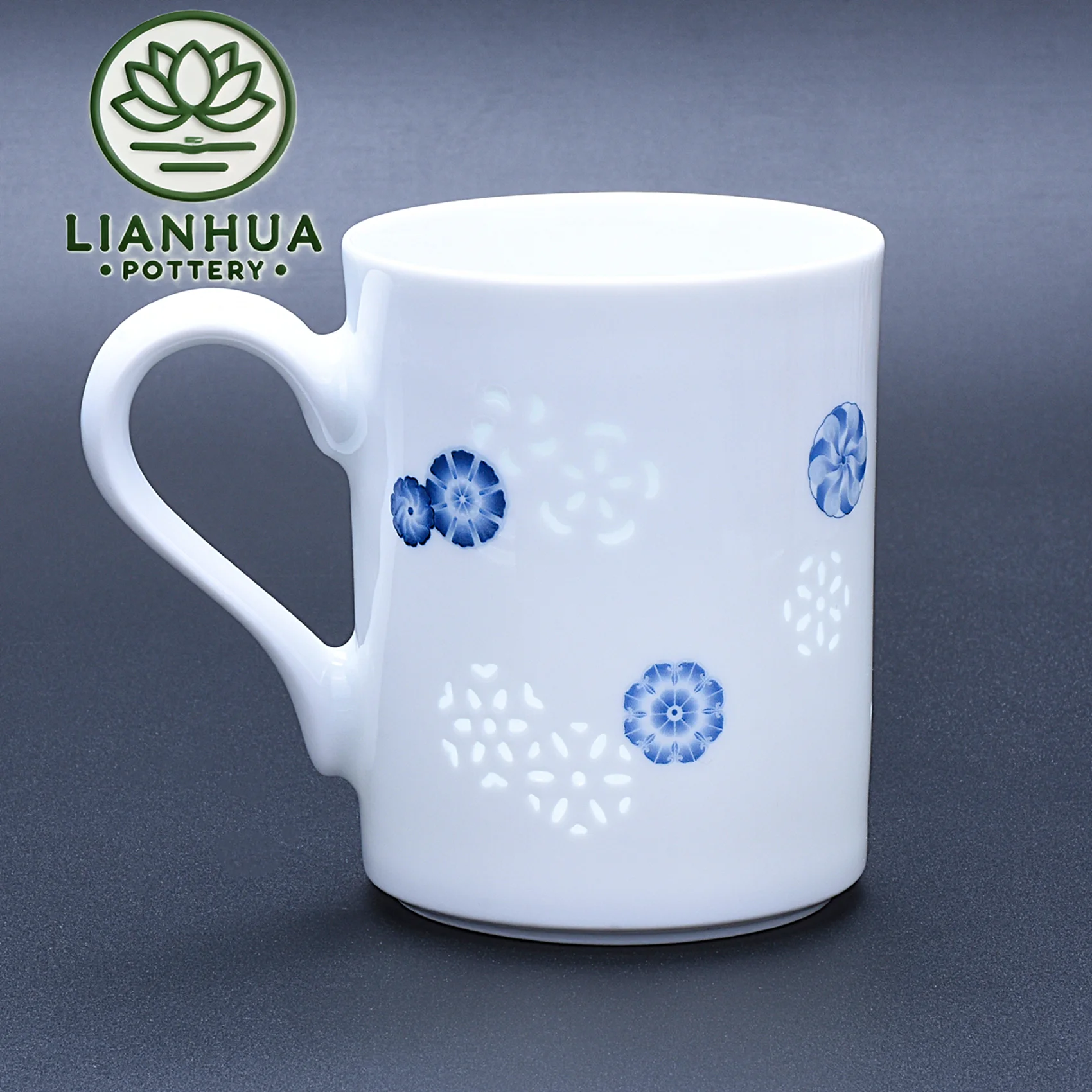 

LIANHUA POTTERY Linglong Porcelain Mug, 350ml Handcrafted Blue Floral Design Luxury Wedding Anniversary and Birthday Gift