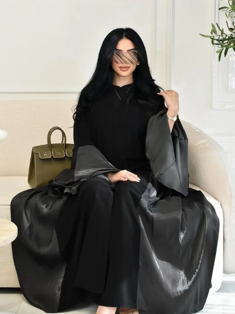 عباية حريرية إسلامية بأكمام مكشكشة للعيد للنساء فساتين جلابية ساتان رداء طويل رمضان المغرب دبي عبايات قفطان فيستدوس