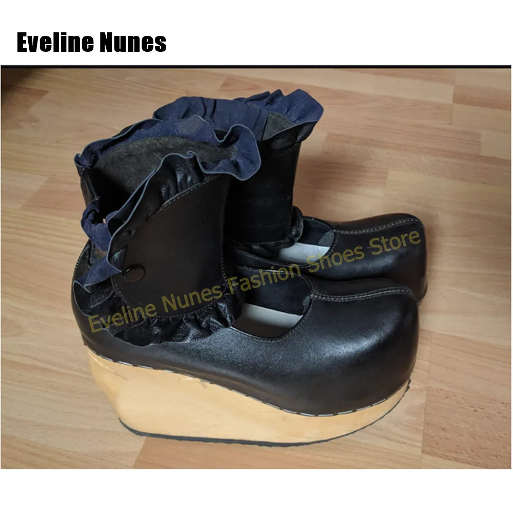 Trendy Gothic Lolita Women Wedge Pumps Round Toe Faux Wood Sole Ruffle Y2K Street Style Women Ankle Boots Street Style 2026 New