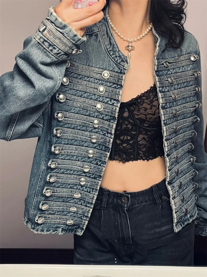 Guobioziy 2026 Autumn New Women's Denim Jacket Stand Collar Multi‑Button Decor Slim Short Fashion Outerwear