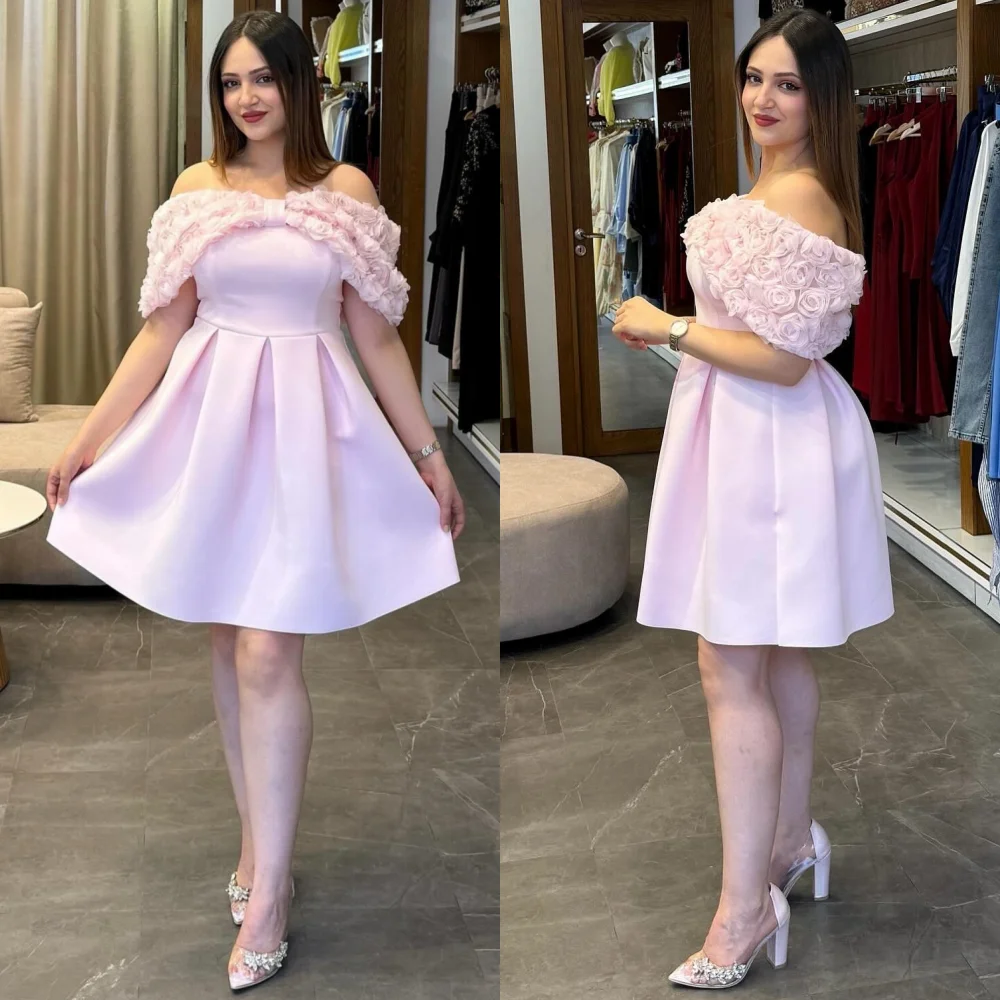 

Customized Elegant Classic Jersey Flower Pleat A-line Off-the-shoulder Mini Dresses Bespoke Occasion Retro
