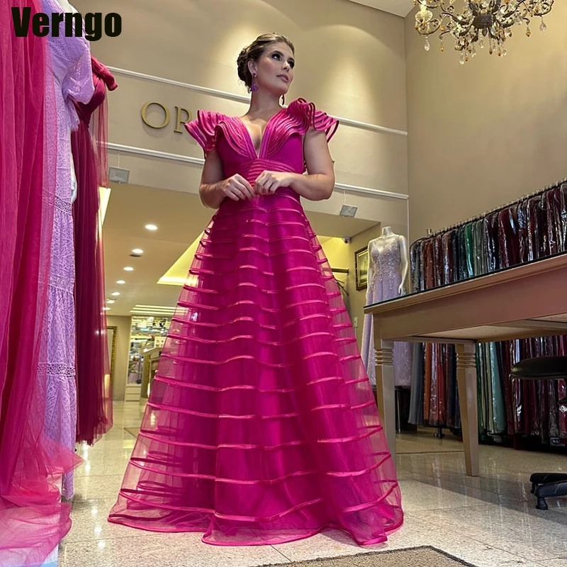 

Verngo Elegant Evening Party Dresses A-line V-Neck Cap Sleeves 2024 Formal Prom Dress Satin Long Prom Gown Robe de soiree