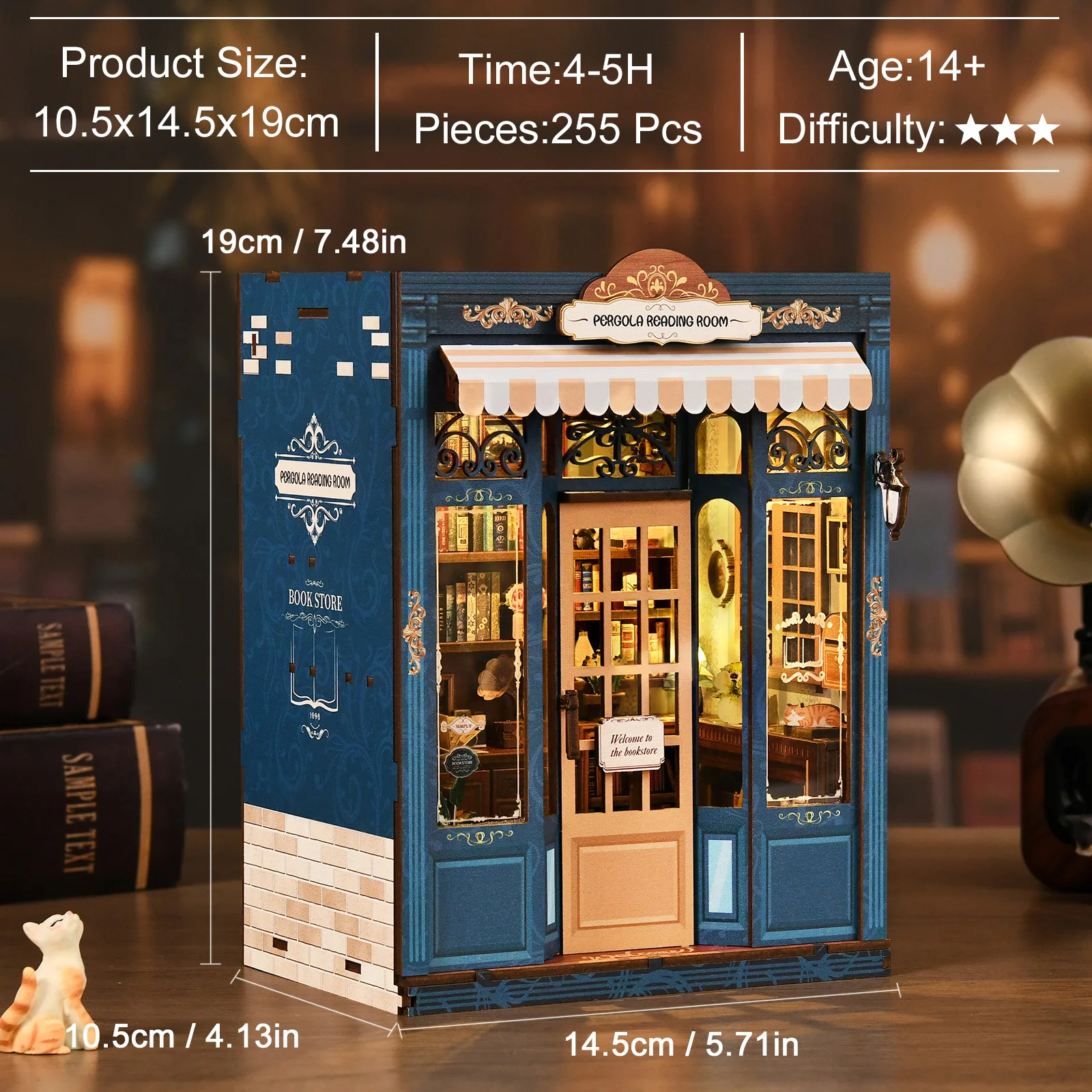 OUZEY جديد كتاب الزاوية عدة لتقوم بها بنفسك مكتبة مصغرة منزل ثلاثية الأبعاد لغز خشبي لرف الكتب خمر كتاب الزاوية ديكور مع مصباح ليد هدية #3