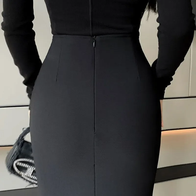 High-waisted Skirt for Women in 2025 Autumn New Korean Style Slim Solid Versatile Black Mid-length Hip Fishtail Skirt