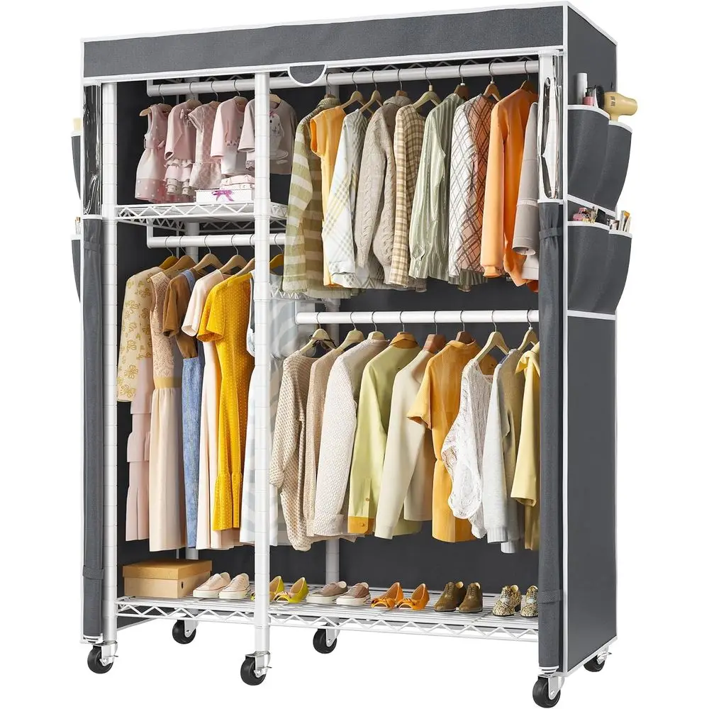 

Portable Heavy-Duty White Clothing Rack with Cover and Wheels for Bedroom