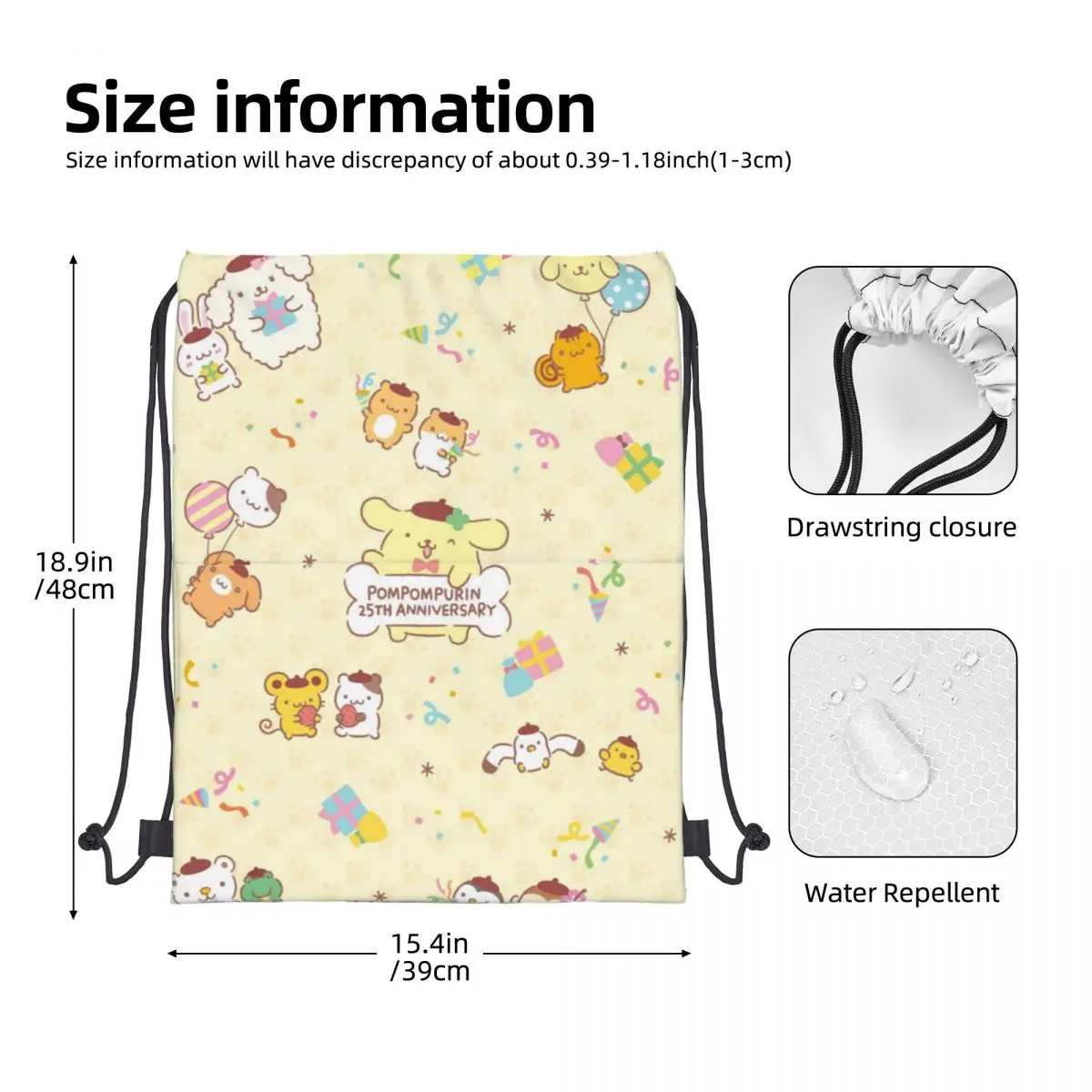 Sanrio Pompompurin Drawstring BackPack Bag Travel Storage Package Teenagers Beach Tote Bag School Sport Shoe Bag Portable