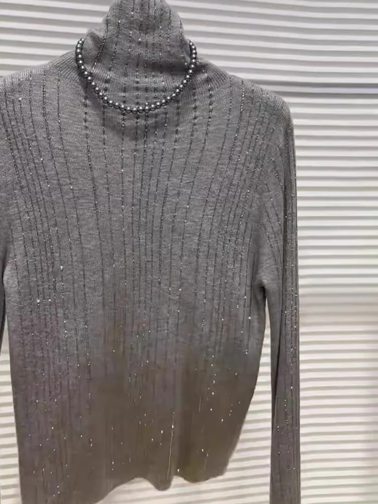 Bequemer High-Ne-Strickpullover für Damen, Innenbekleidung, faionable, luxuriös, vielseitiges Oberteil, Frühlings-Herbst-Saison, mit Perlen verziert