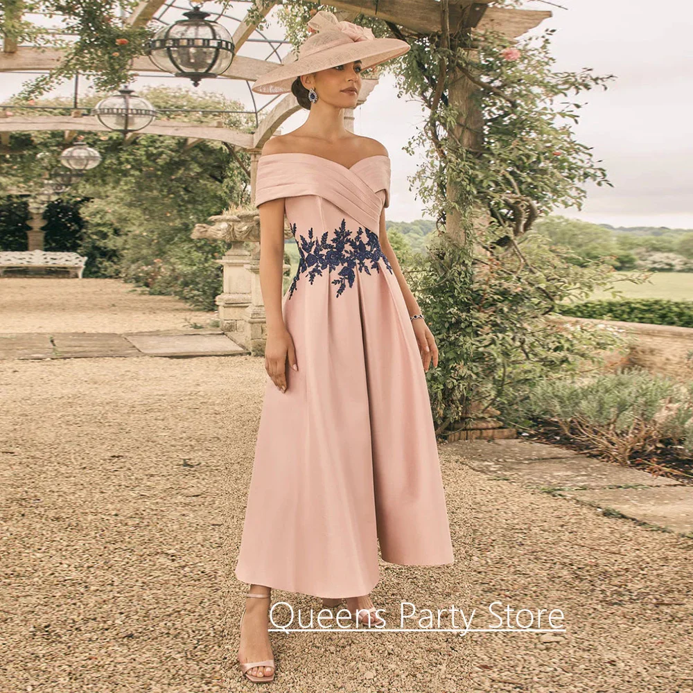 Customized Wedding Guest Dresses New Arrival Off The Shoulder V Neck Applique A Line Ankle Length Mother of The Bride Dress