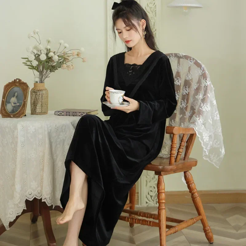 Romantic Victorian Vintage Nightgowns Retro Velvet Night Dress Court Style Sleepwear Women Winter Warm Long Sleeve Robe Peignoir - view 2