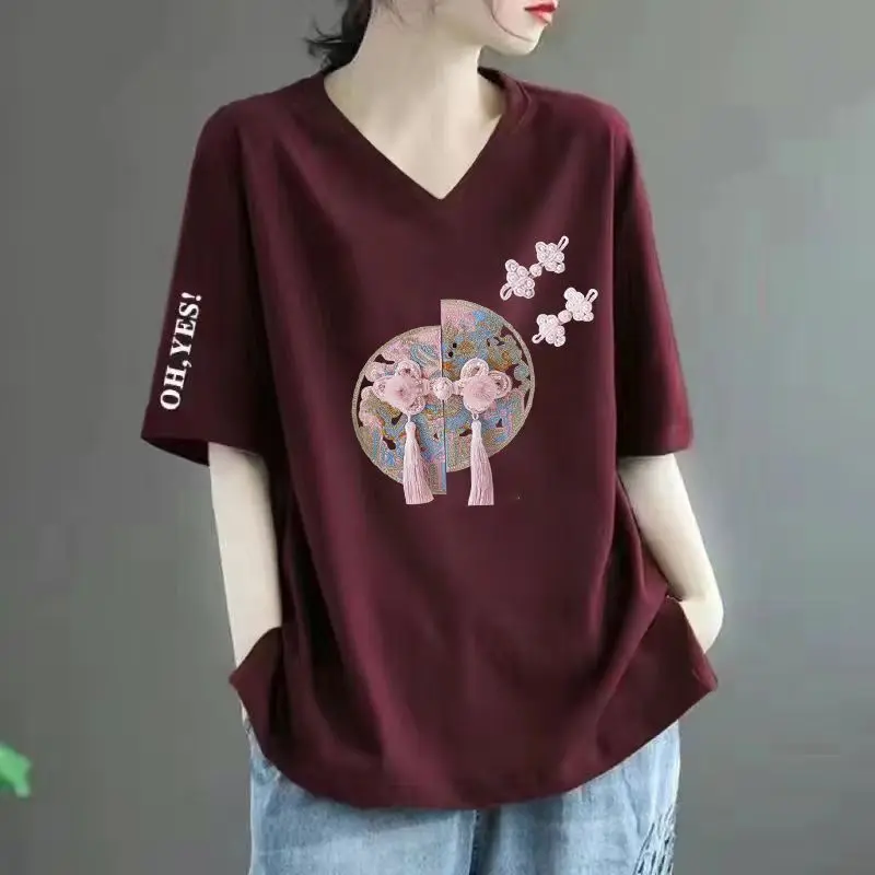 Blusa de manga corta de algodón con cuello en V para mujer, ropa elegante de moda Harajuku ajustada para mujer, Tops casuales sueltos que combinan con todo, Blusa lisa de manga corta