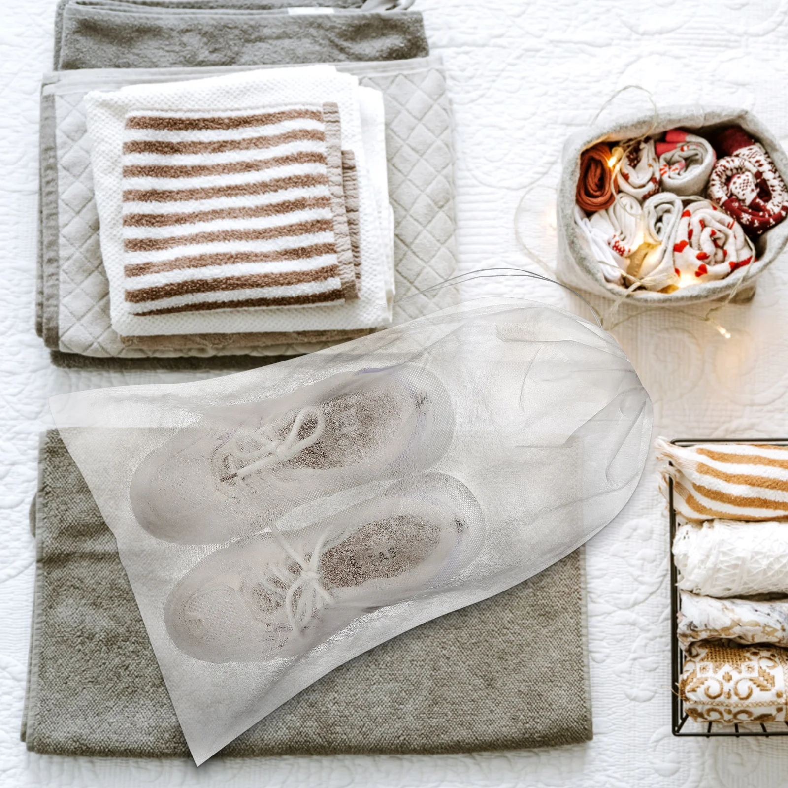 

100pcs Nonwoven Storage Bags Drawstring Pouch White Household Fabric Bag Lightweight Sturdy Reusable Clothes Shoe for Home