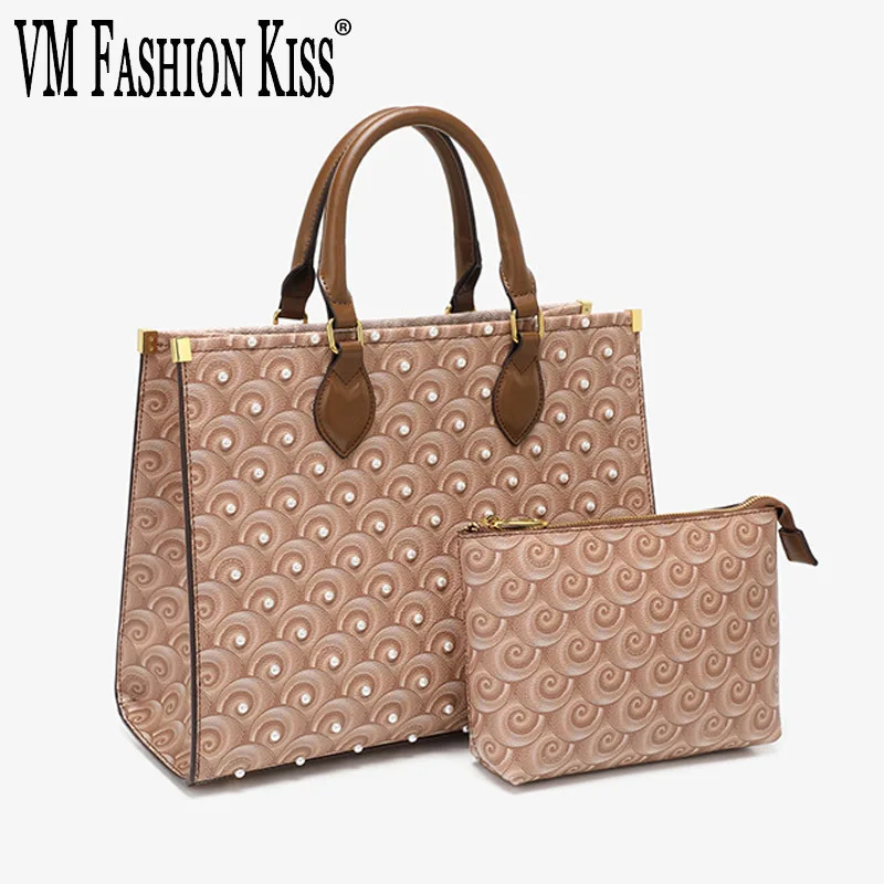 

VM FASHION KISS Inlaid With Beads Women's Handbag Large Capacity Totes Composite Bag Shoulder Bag Whirlpool Printed Shopping Bag