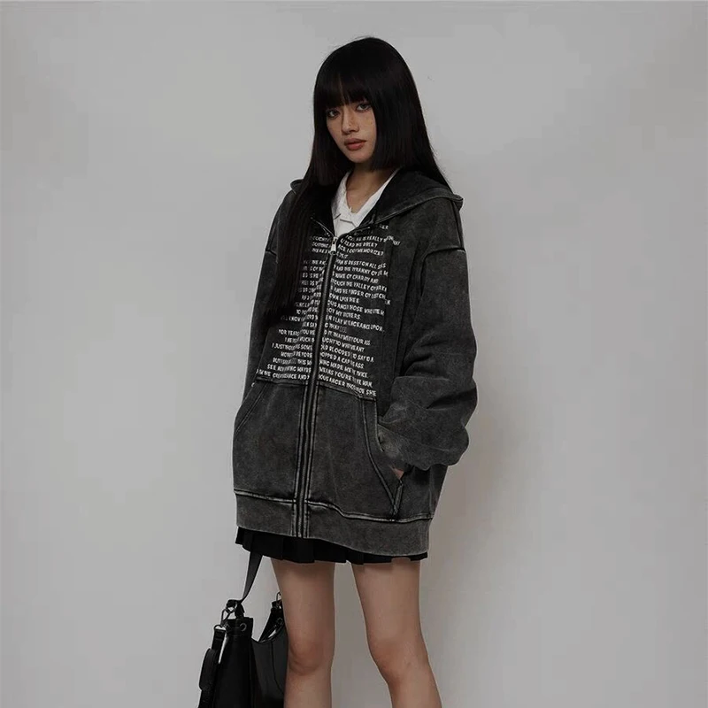 Spring Fall Zipper Letter Print Men Long Sleeve Hooded Cardigan Sweatshirts Fashion Vintage High Street Oversized Clothes Unisex