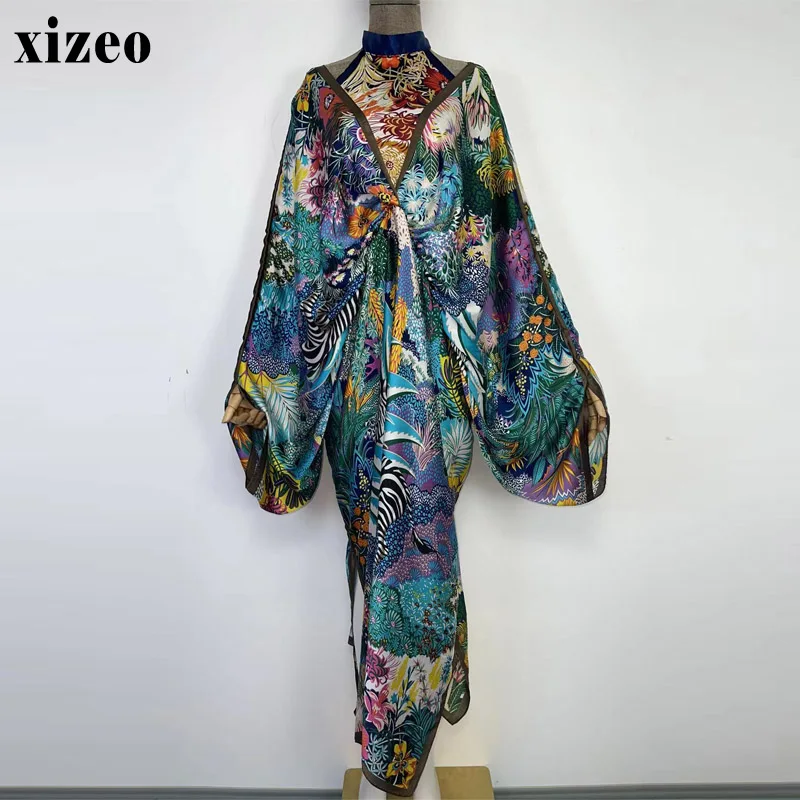 

XIZEO Summer beach Women two-piece suit fashion sexy Boho African Holiday free size long Sleeve Silk feeling Robe kaftan