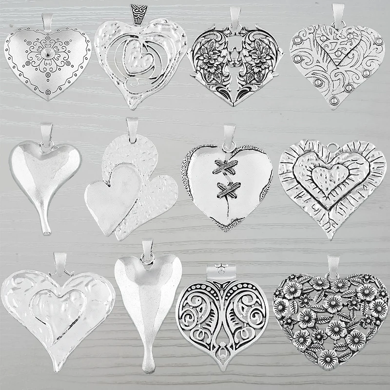 2 x Tibetan Silver Mixed Bohemia Large Hammered Love Heart Filigree Charms Pendants For Necklace Jewelry Making Findings