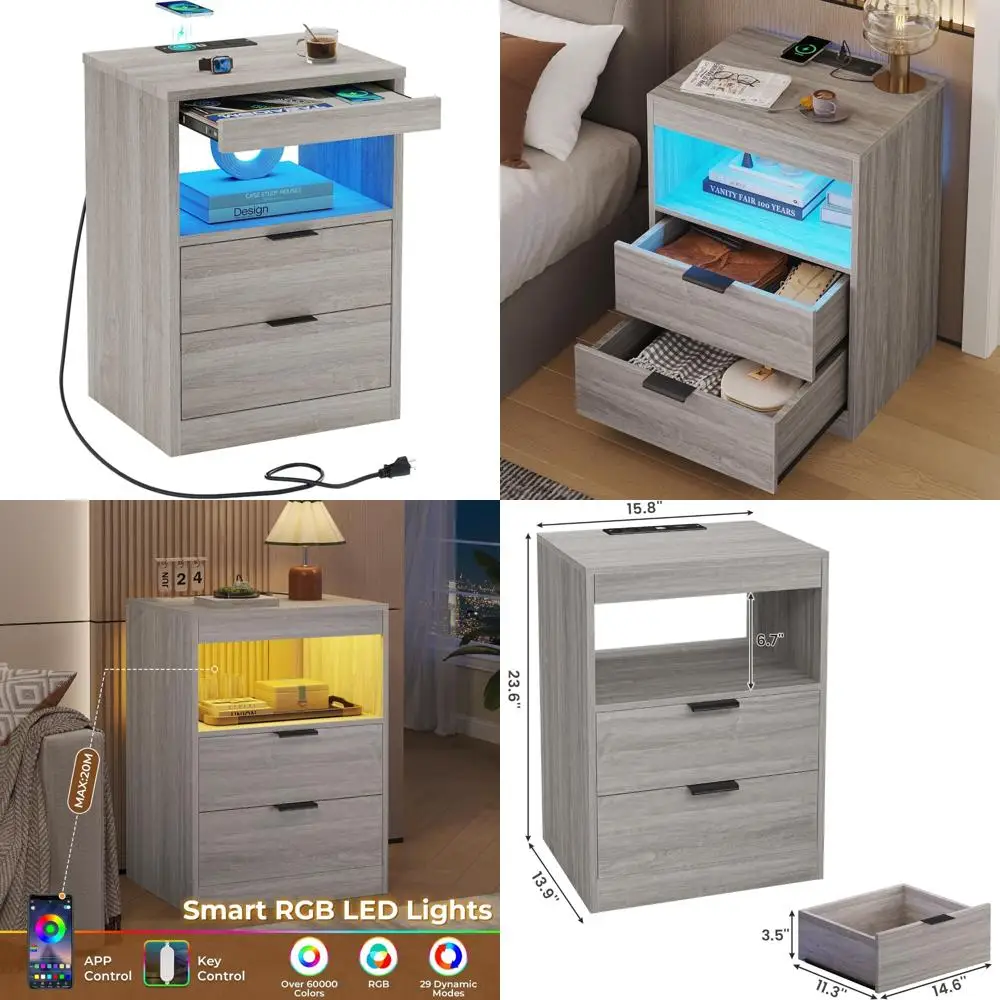 Mesa de cabeceira LED de carregamento sem fio - Mesa de cabeceira cinza com 2 gavetas e armazenamento aberto para decoração moderna de casa
