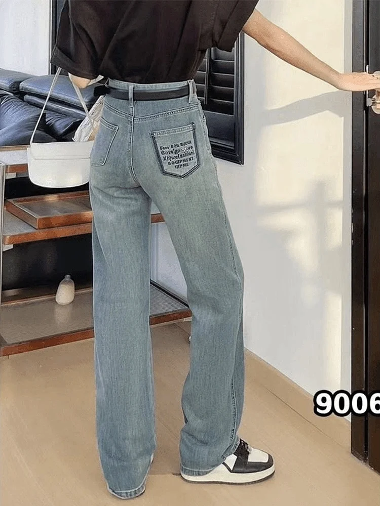 Cintura alta elástica denim jeans feminino verão novo solto versátil fino perna reta até o chão calças de algodão mistura de poliéster