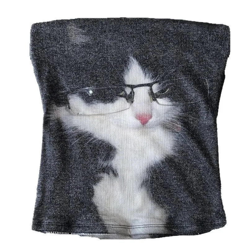Y2K Retro Print Top Glasses Cow Cat Slim Fit Strapless for American and European Women