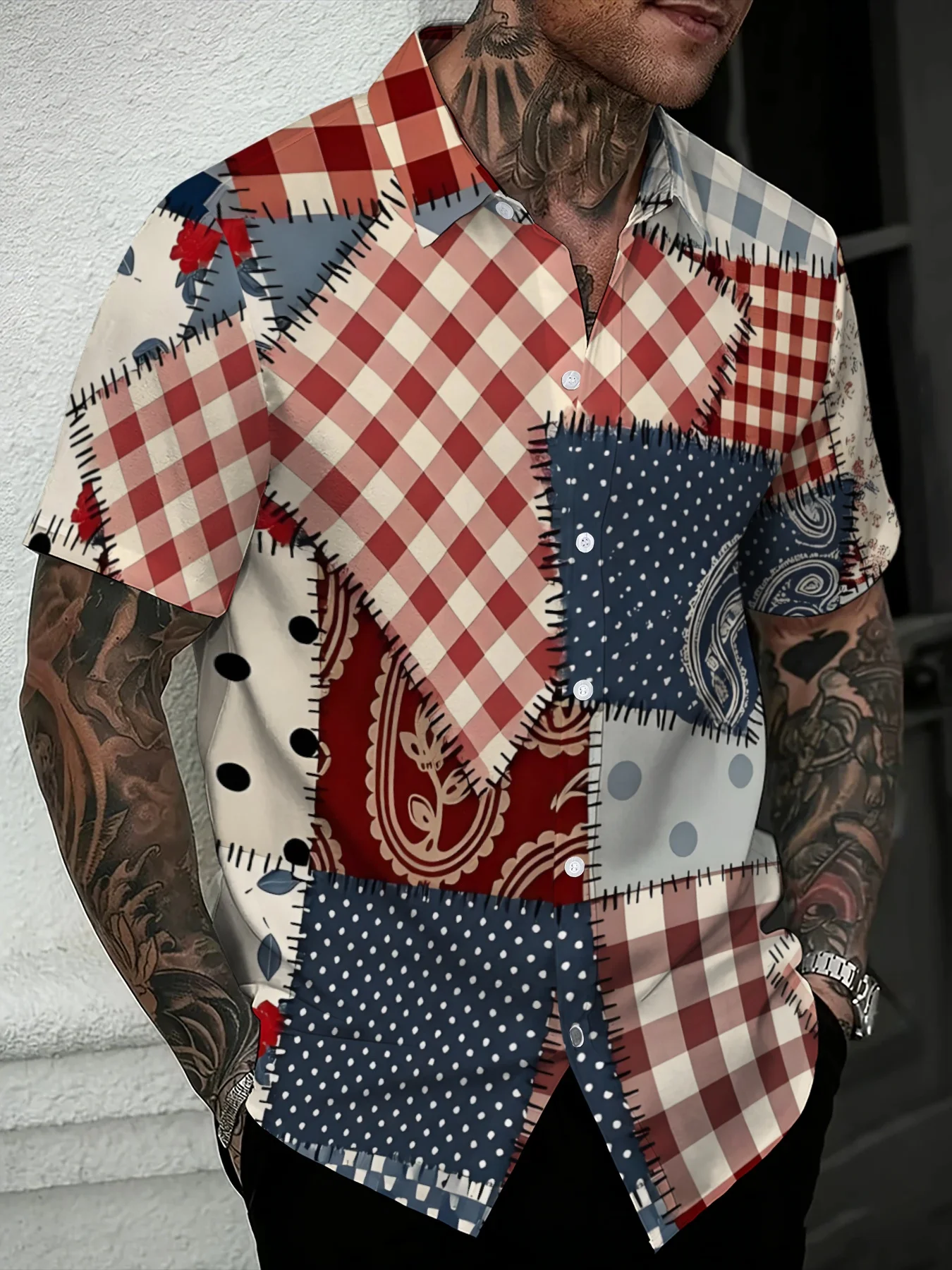 Farmhouse Retro Mixed Patchwork Men Shirt Gingham Paisley Polka Dot Stitch Design Short Sleeve Casual Top