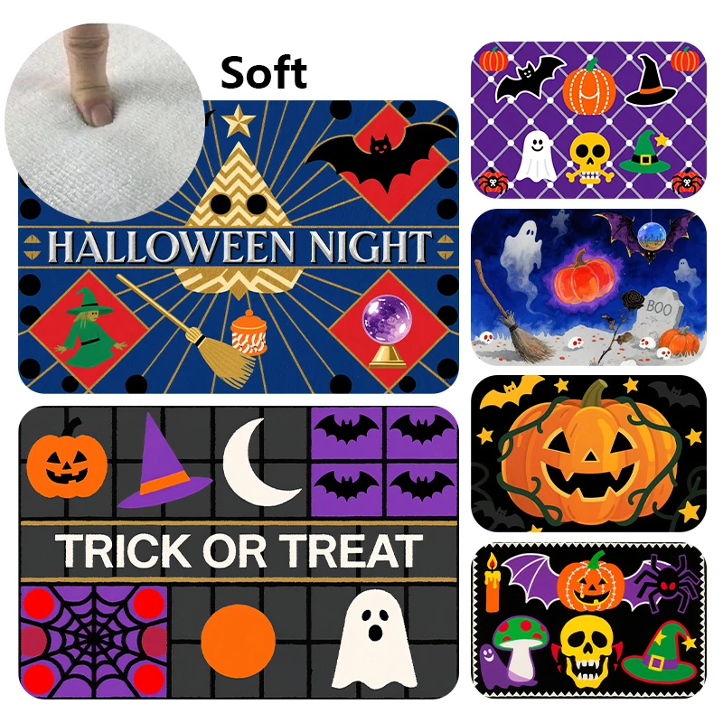 

VIKAMA Art Deco Style Rug,Non-Slip Flannel Soft Mat,Trick or Treat Halloween,Spooky Bath Mat, Door Mat Entryway Mat Home Decor